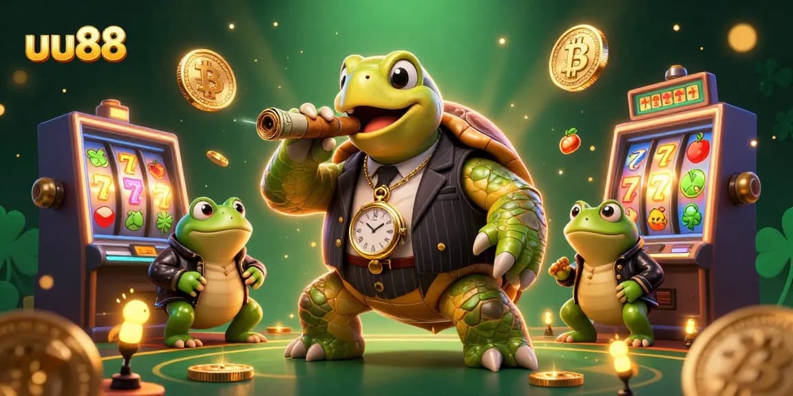 uu88 showcases a dynamic casino scene with a mobster turtle and slot reels gameplay.
