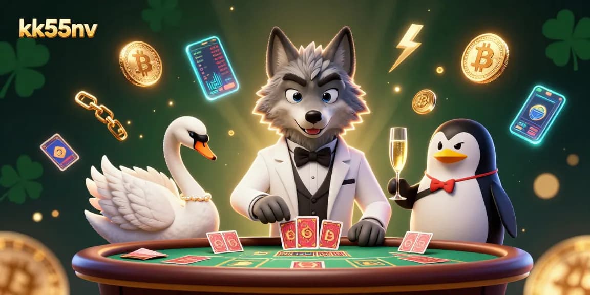 Play at kk55nv with vibrant characters at a baccarat table, surrounded by crypto coins.