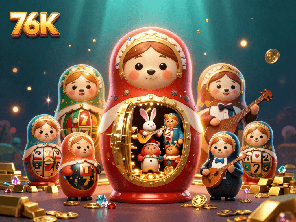 Slot 76K com imagem vibrante de ursos em trajes de dealer e tesouros de cassino.