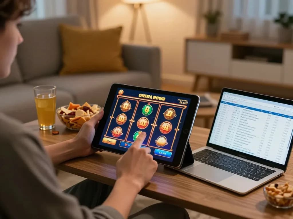 Player enjoying situs pajaktoto on tablet in a cozy living room with snacks
