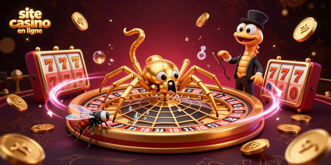 Placer des paris sur le site casino en ligne avec une illustration d'araignée et croupier en 3D.