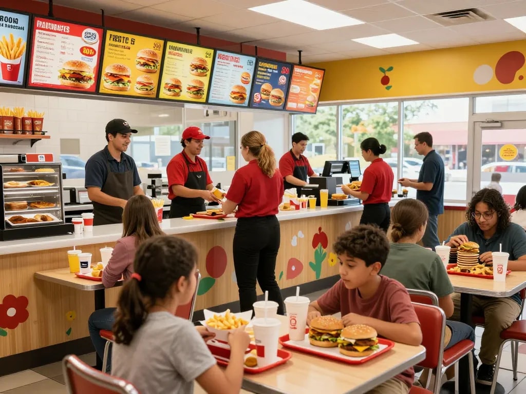 Fast food prices displayed on colorful menu boards in a lively restaurant setting.