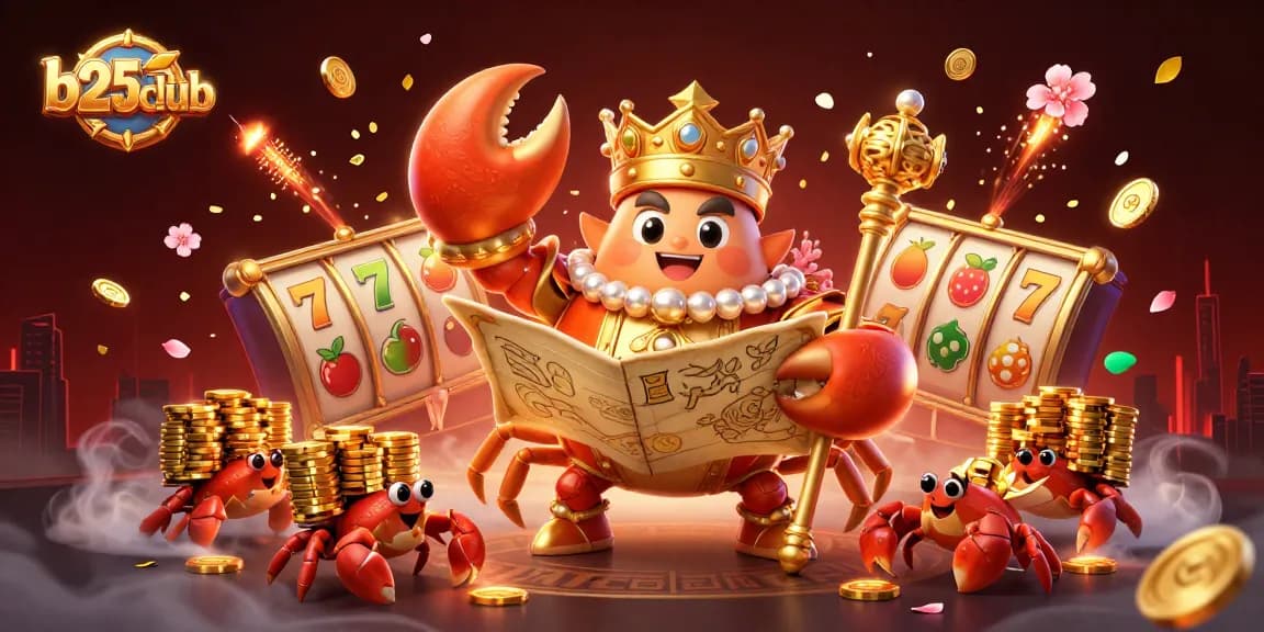 b25club players engage with a golden crab emperor surrounded by vibrant slot elements and festive decorations.