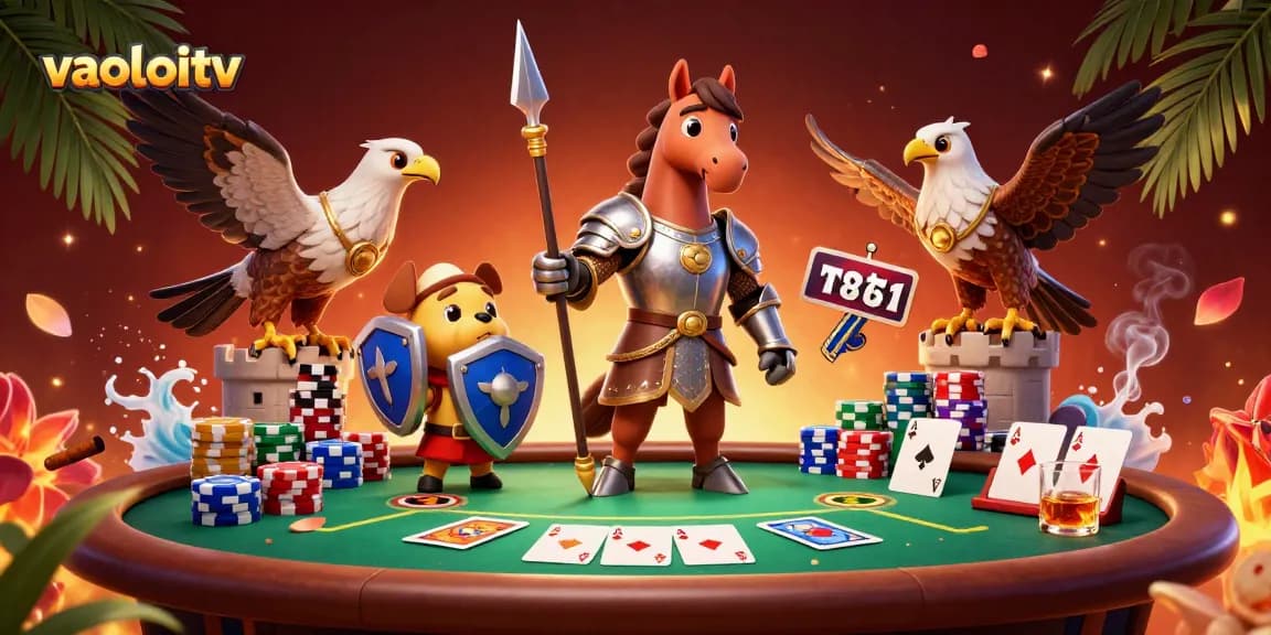 Engage in thrilling poker action with vaoluoitv, featuring colorful chips and dynamic characters.