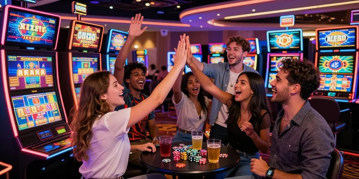 Excited players celebrating a win at a slot machine deposit 5k in a vibrant casino.