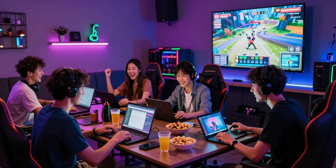 Group enjoying porngame sessions in a vibrant gaming lounge atmosphere.