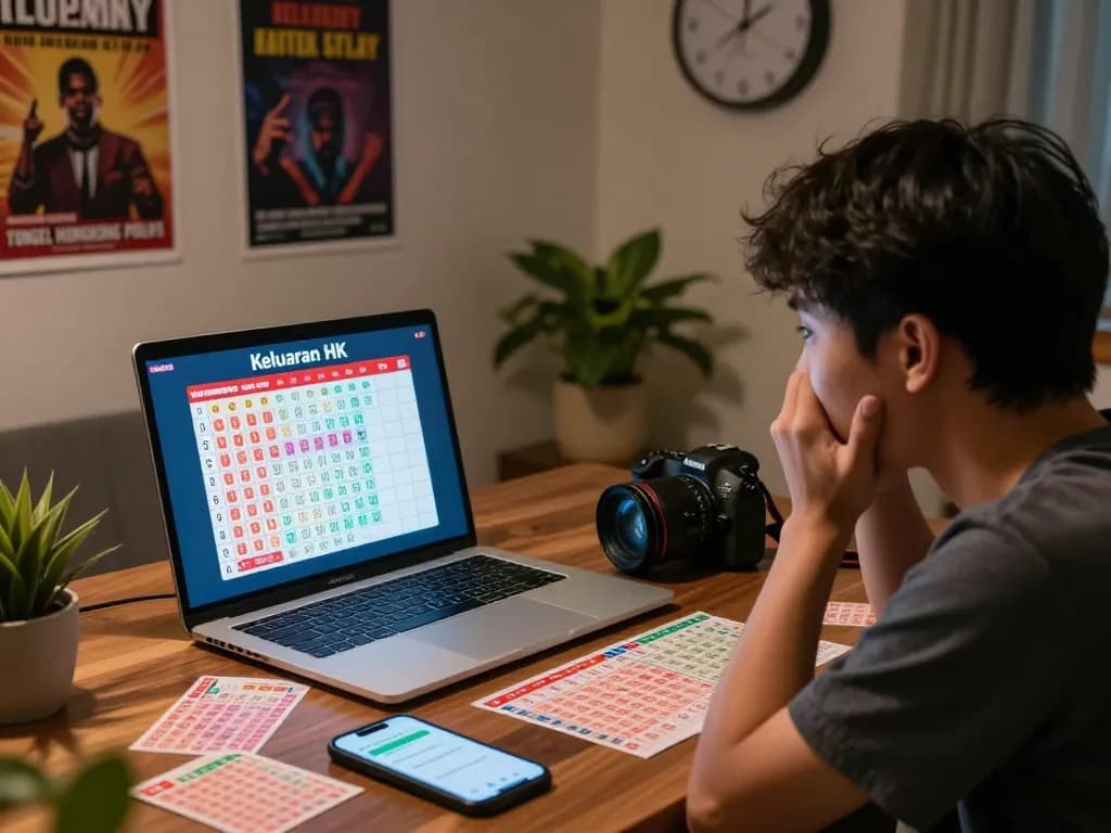 Keluaran HK live draw results displayed on a laptop with colorful tickets and a cozy atmosphere.