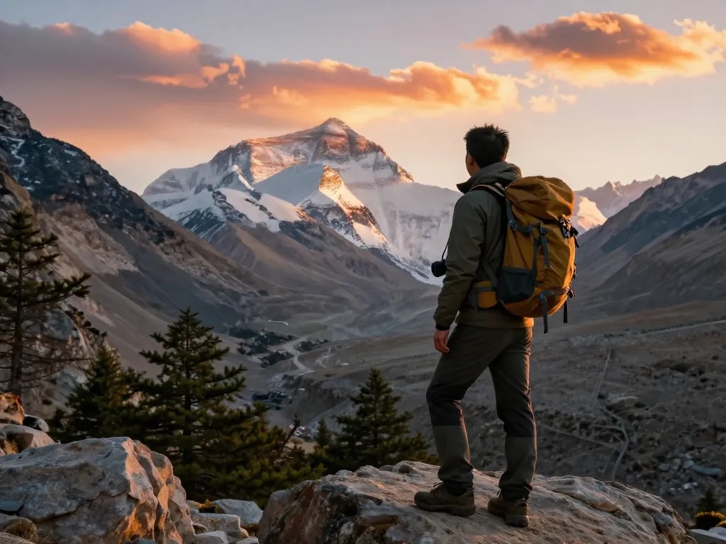Traveler at Everest Base Camp Heli Trek viewpoint during sunset, surrounded by Himalayan peaks and warm golden light.