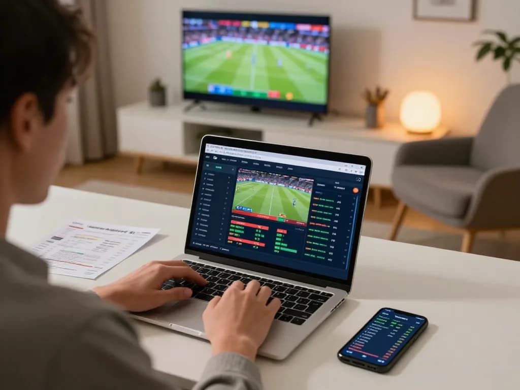 Engaging in online sports betting, exploring options and strategies using a laptop and smartphone on the side, displaying excitement for 包网