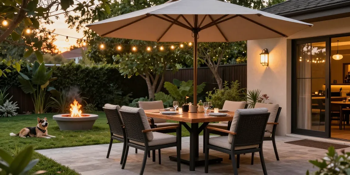 Cozy outdoor dining scene featuring stylish patio dining sets surrounded by inviting greenery and warm lights.
