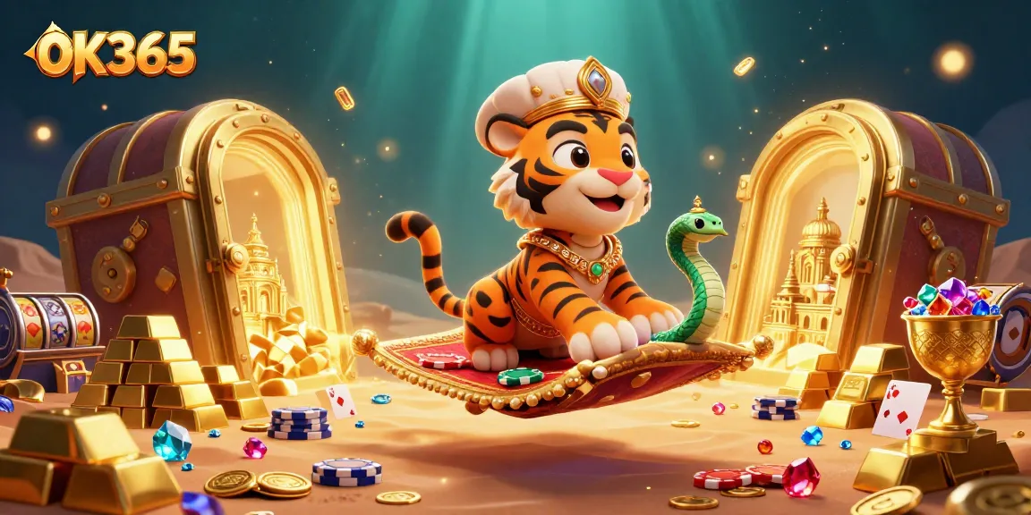 Engage in exciting gaming adventures with OK365 in this vibrant 3D casino-themed illustration.