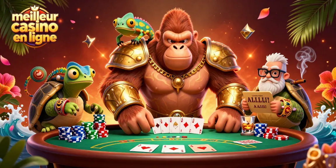 Illustration d'un roi gorille en armure dans un casino en battant sa poitrine, meilleur casino en ligne