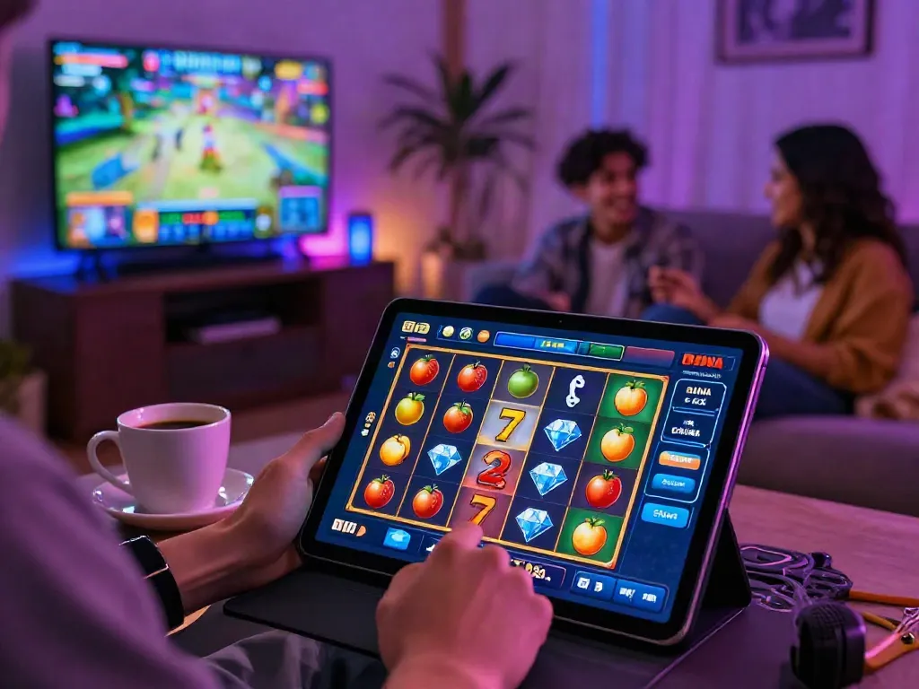 Player enjoying an online slot game with DANA e-wallet displayed on tablet.