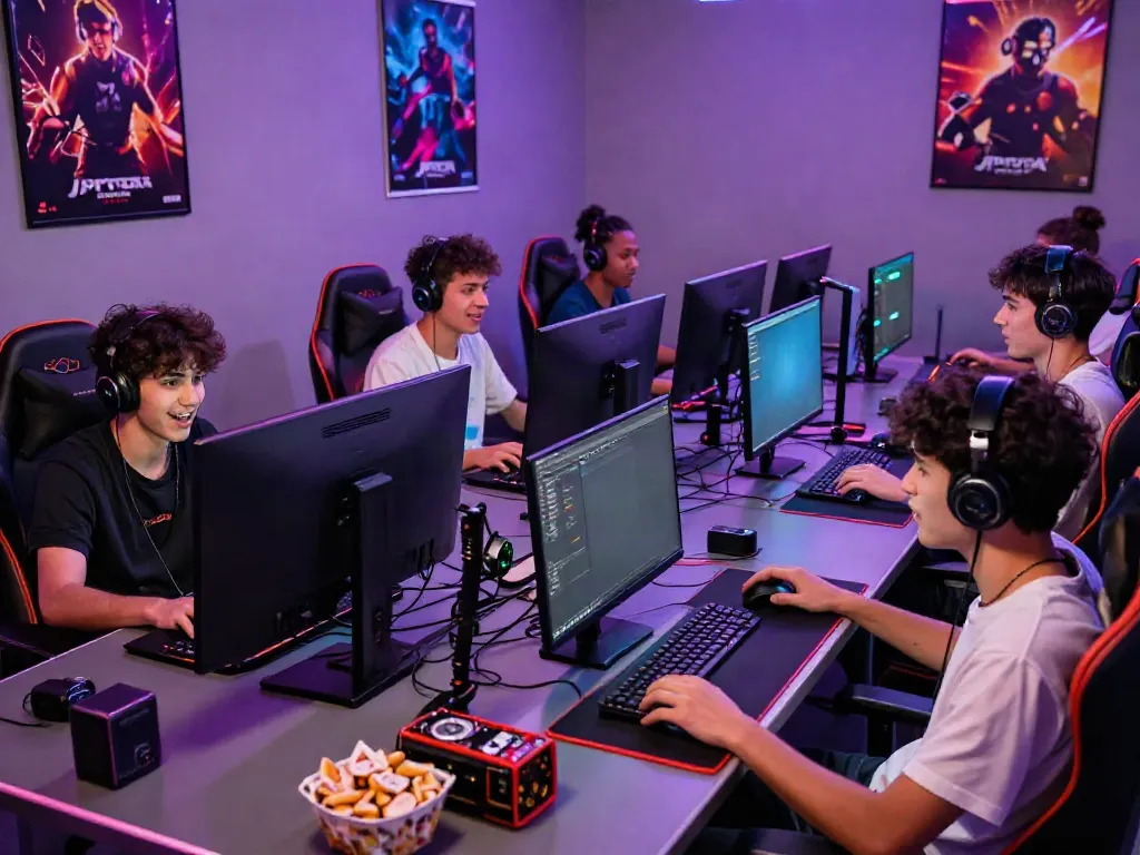 Para pemain JPTOTO berkompetisi dalam permainan online di ruangan yang cerah dan penuh suasana, dengan aksesoris gaming berwarna-warni.