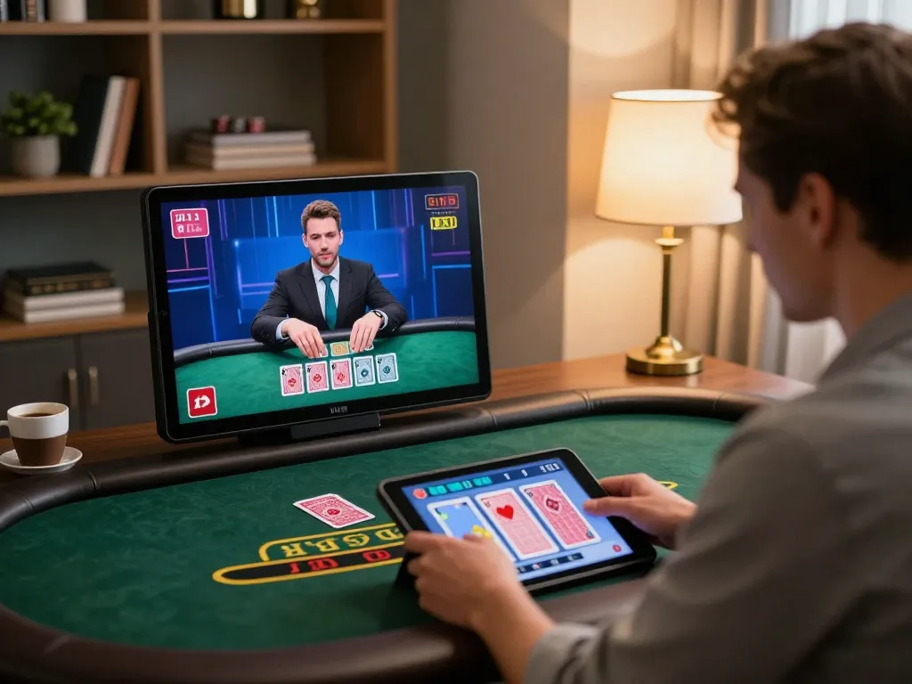 Engaging online gaming scene with sky88 tablet showing blackjack gameplay