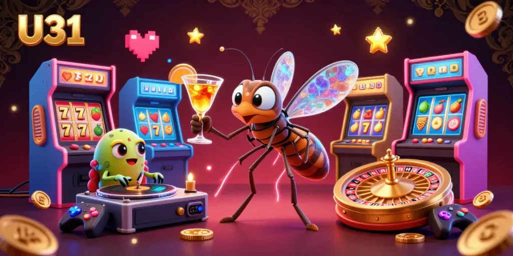U31 promotes an exciting casino vibe with a mosquito mascot, trilobite DJ, and roulette wheel.