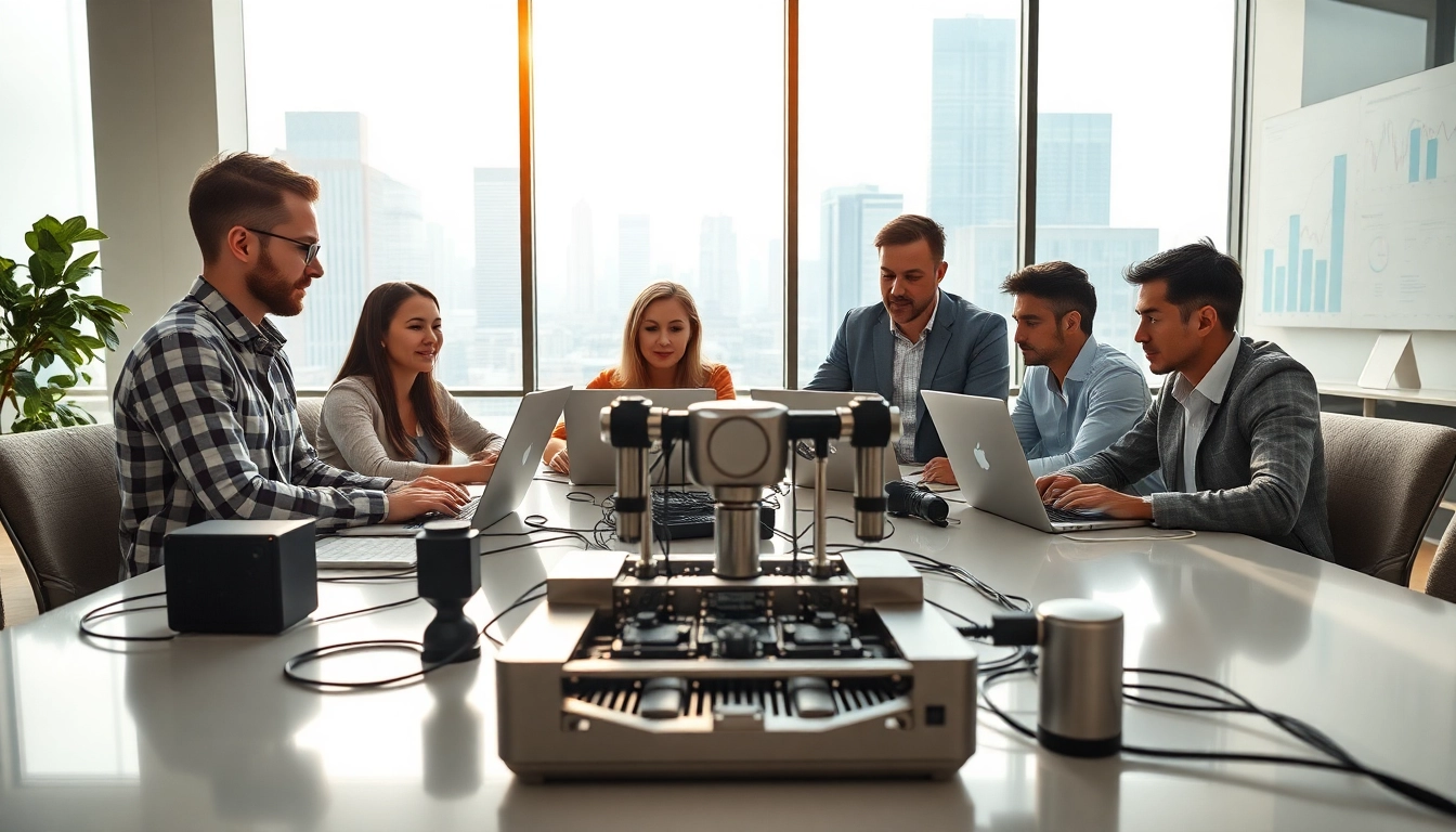 Showcasing EORMC AI blockchain development with diverse professionals collaborating in a modern office.