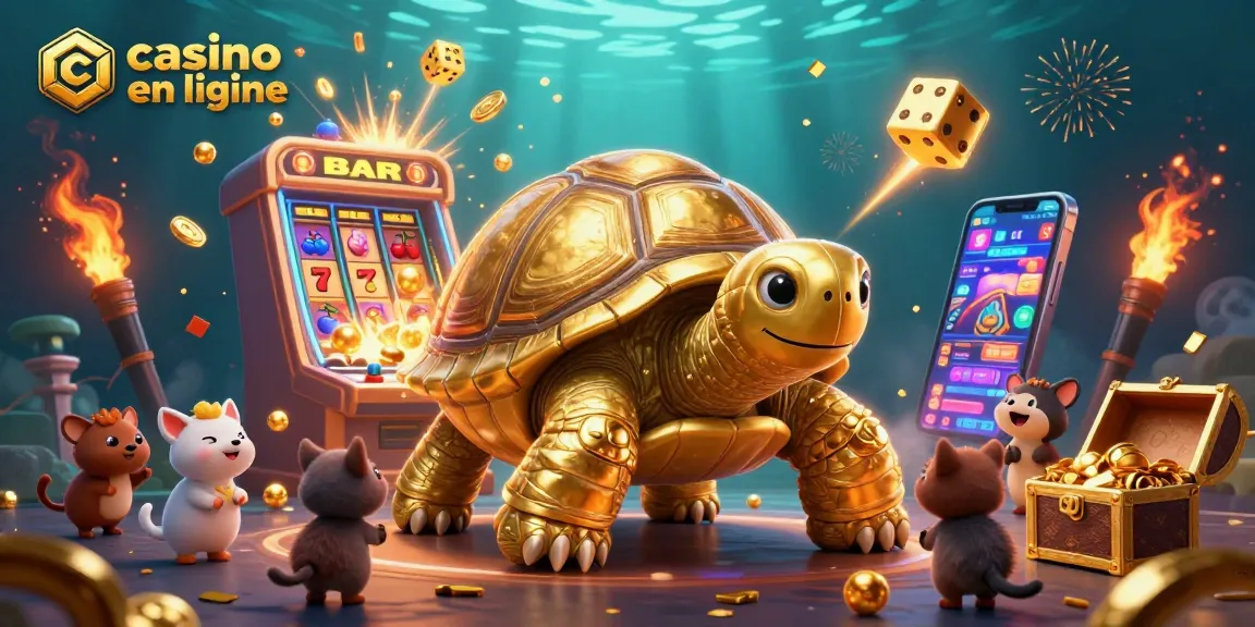 Jouez au casino en ligne avec des machines à sous éclatantes et des tortues dorées dans une scène de fête.
