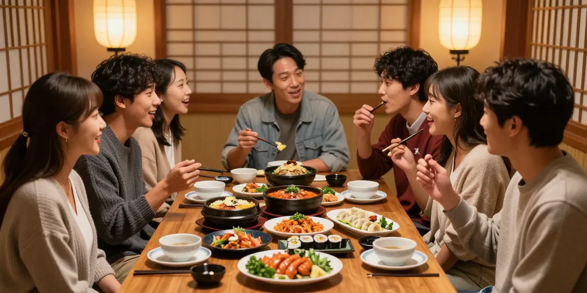 Friends sharing Asian cuisine at https://hanadultalk.com, celebrating cultural diversity in a vibrant dining setting.