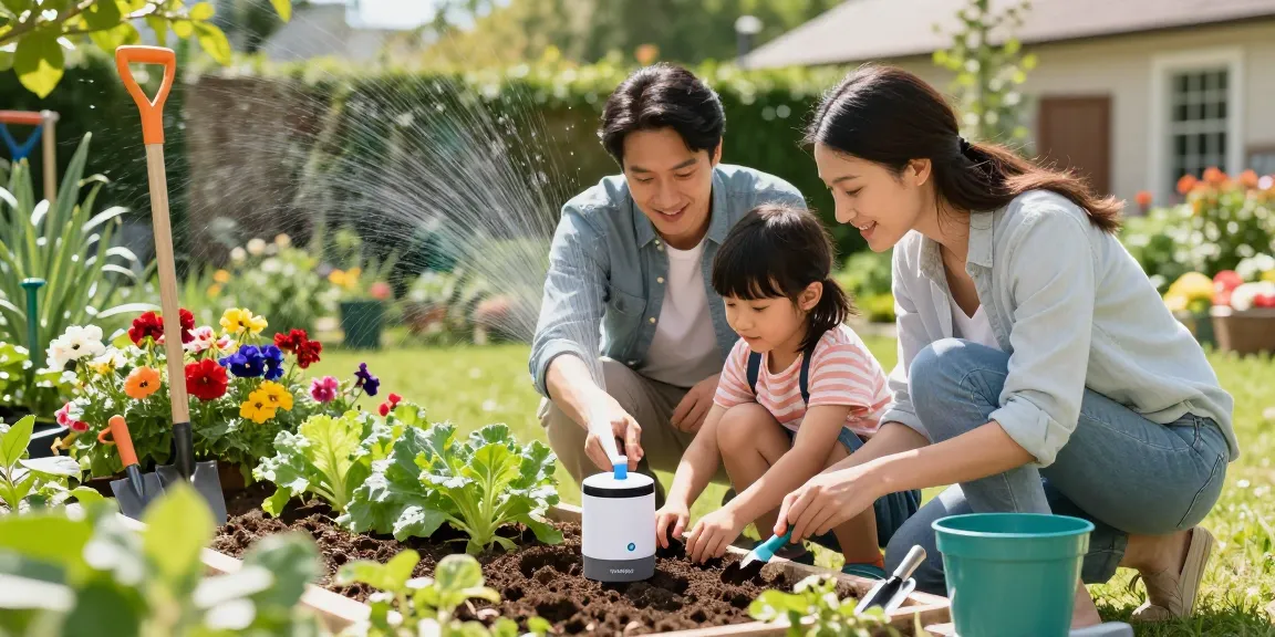 Family using rainpoint automatic watering system in a vibrant garden, enjoying planting activities.