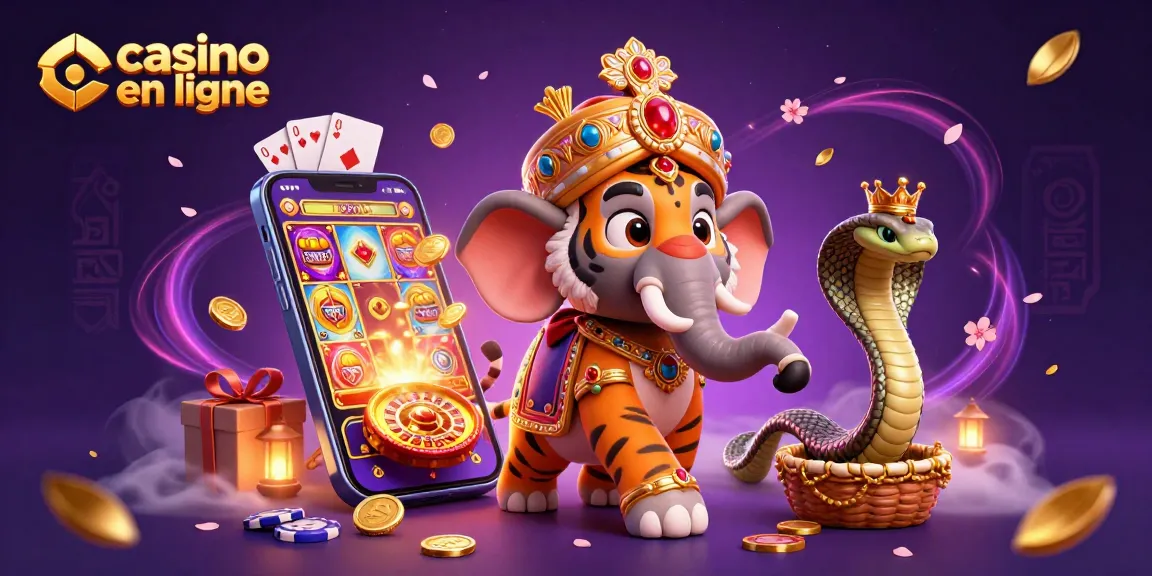 Casino en ligne avec un tigre maharaja et un éléphant, entouré de jeux et de pièces d'or.
