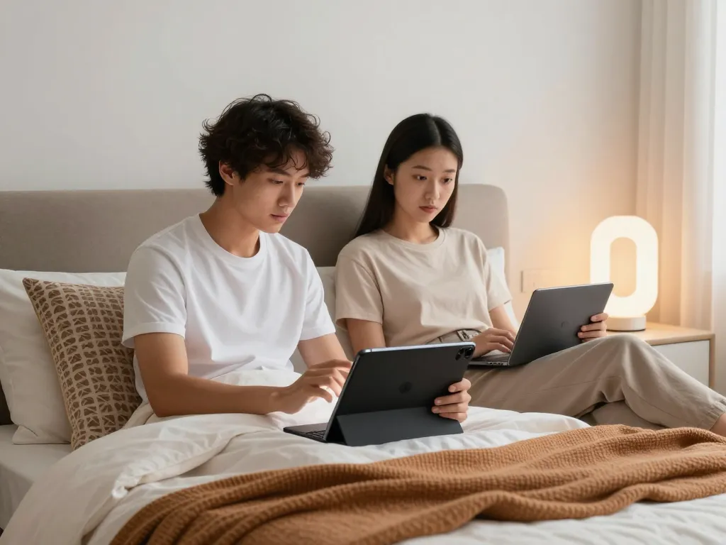 Engaging in ai sex with a couple interacting with a virtual AI companion in a modern bedroom.