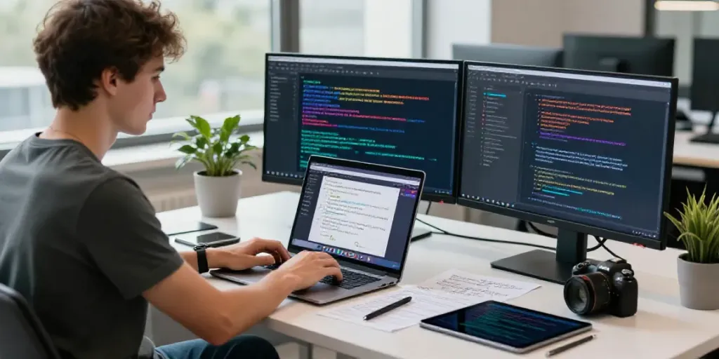 Generate Ukrainian text with AI in a modern workspace with vibrant display screens and a focused professional.