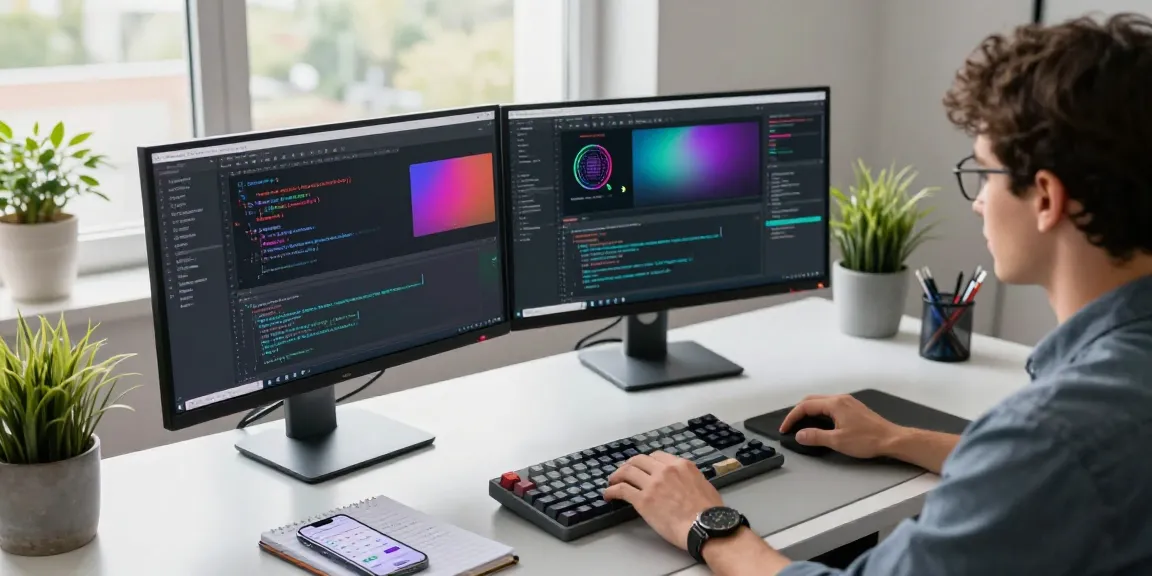 Dynamic tech workspace featuring a software developer coding on dual monitors and showcasing cika4d tools in a modern office.