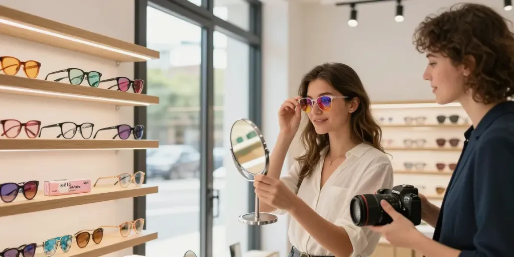 Mulher experimentando lentes de contato em loja moderna, com diversas opções ao fundo.
