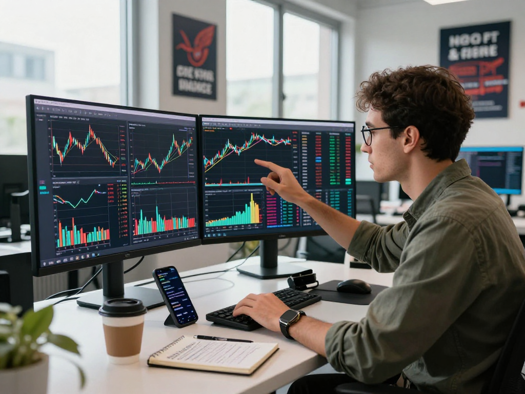 Analyst using TradingView for market analysis in a modern office setting with colorful graphs.