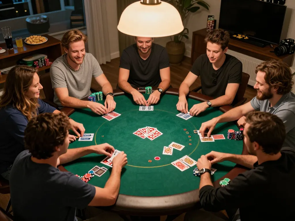 Friends enjoying an engaging poker night at home, showcasing vipwin gameplay and camaraderie