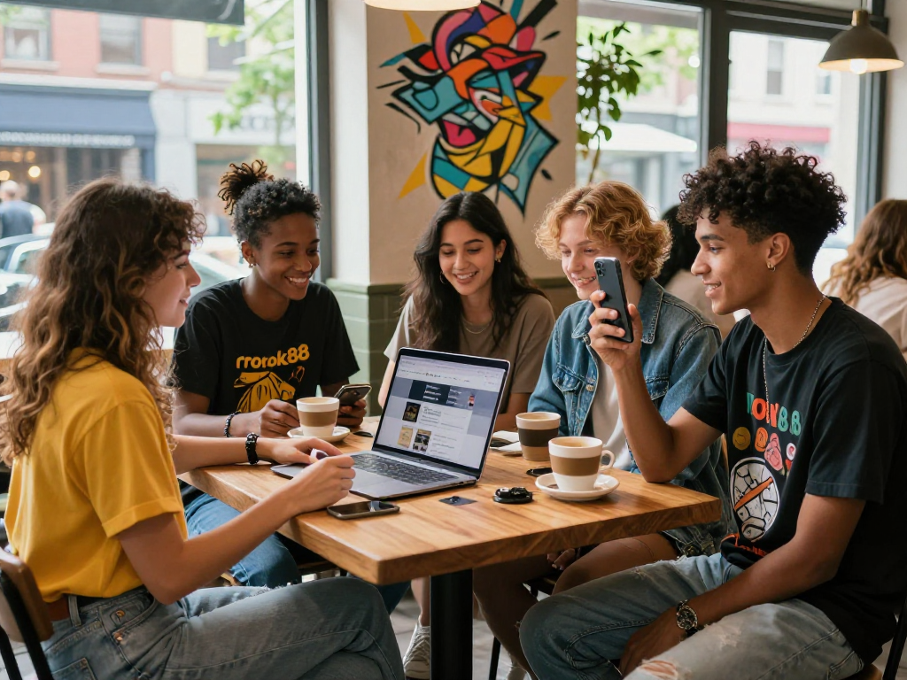 Friends enjoying coffee and conversation at a café while browsing rokok88 on their laptop, showcasing a vibrant urban lifestyle.