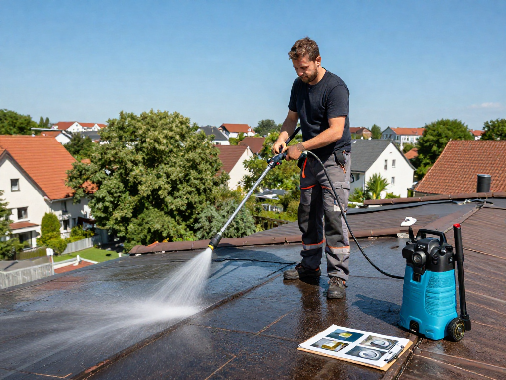 Dachreinigungsfirma in Dortmund reinigt professionelle Dächer mit Hochdruckreiniger unter blauem Himmel.