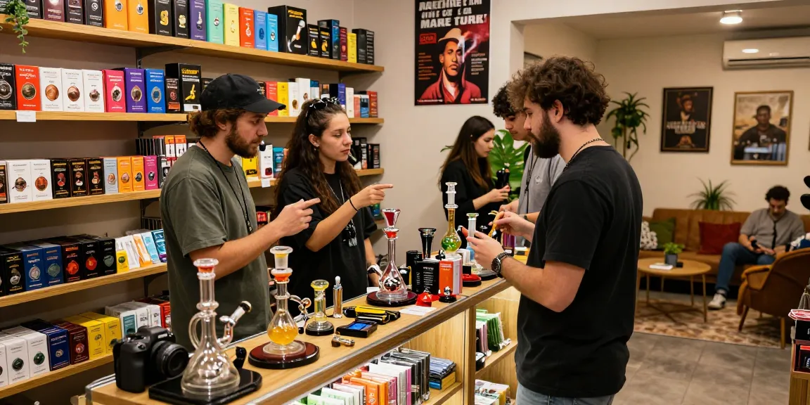 Customers exploring rokok88 smoking products in vibrant smoke shop interior with cozy atmosphere and engaging staff.