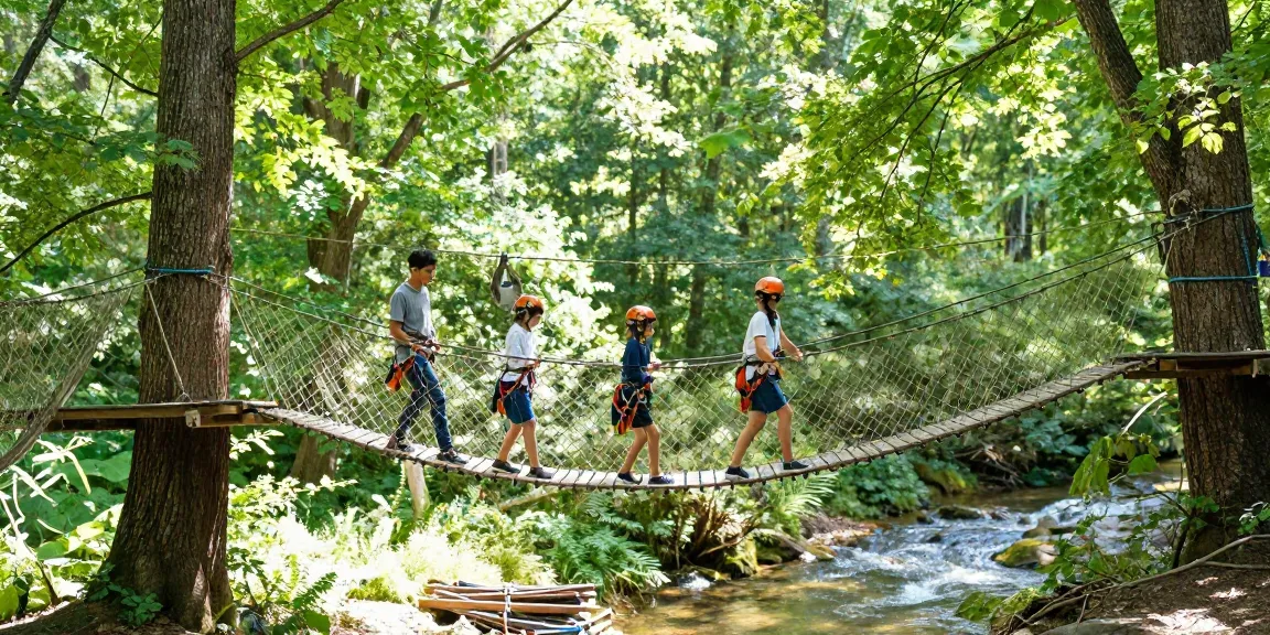 Family crossing a rope bridge design amid lush greenery, showcasing outdoor adventure.