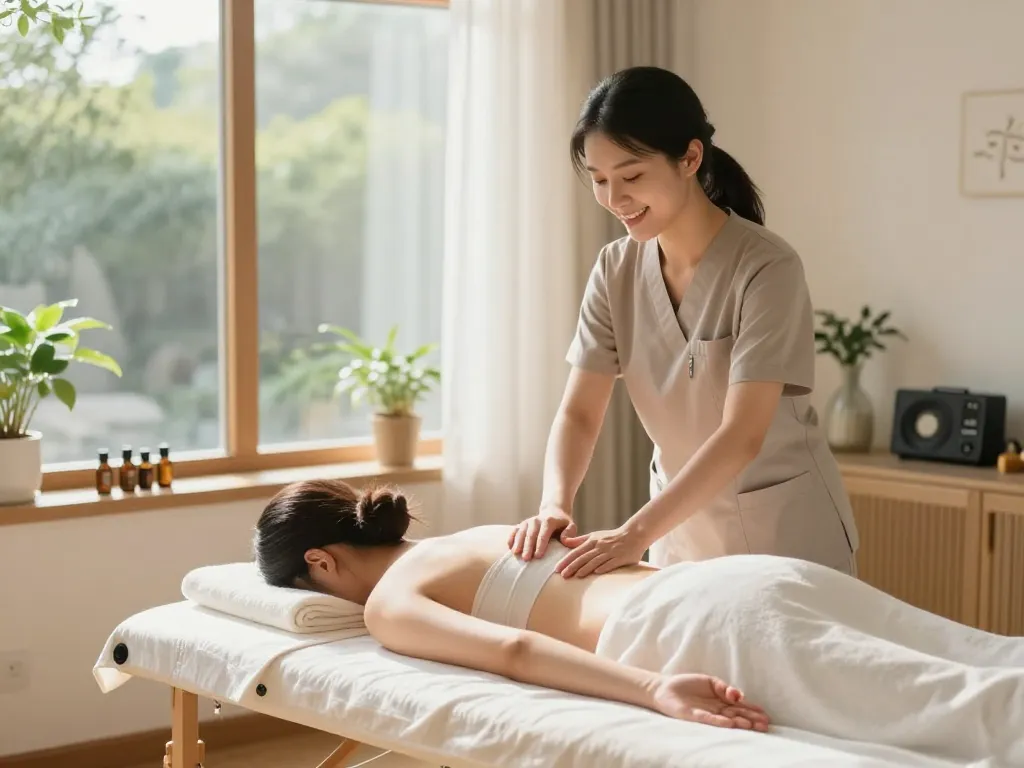 Professional 출장마사지 session setup with a friendly therapist and calming atmosphere.