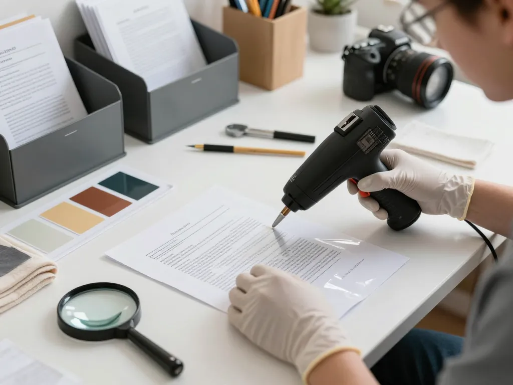 Carefully removing laminate from documents following cách tháo giấy ép nhựa techniques in a professional workspace.