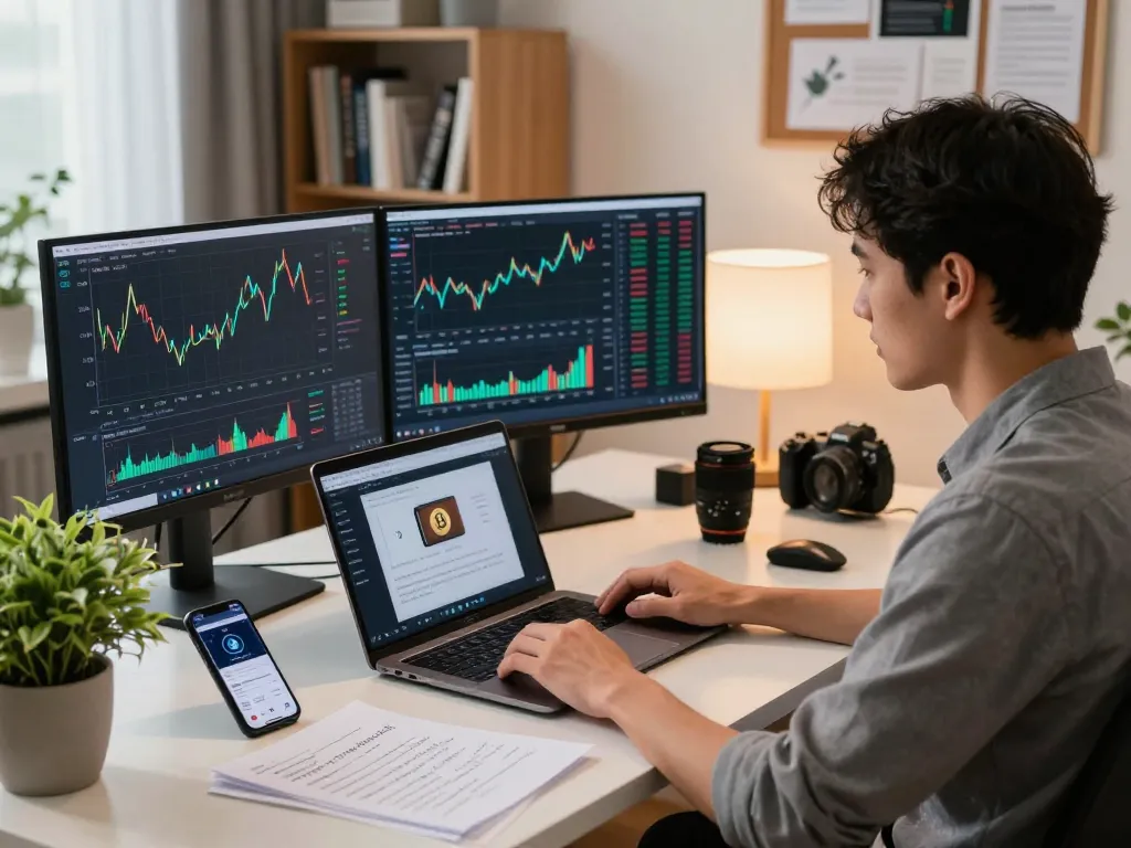 Individual researching passive income crypto strategies in a modern home office.