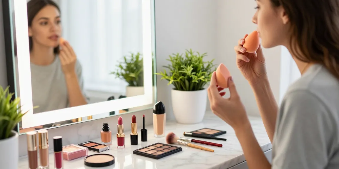 Applying silicone sponge makeup in a bright bathroom, highlighting modern beauty tools and fresh makeup products.