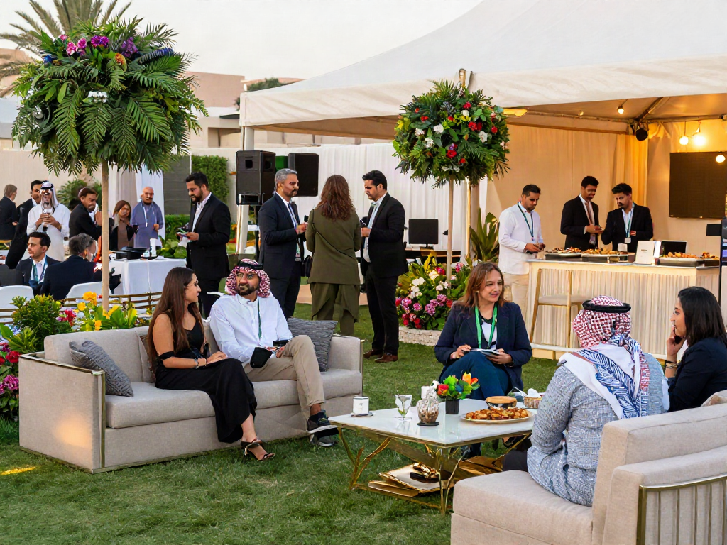 Event rental ksa setup with elegant stretch tents and luxury furniture under vibrant Riyadh sky.
