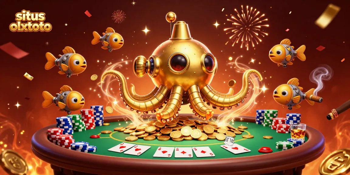 Situs olxtoto menampilkan ilustrasi angkatan laut kraken emas dalam lautan koin emas, menggabungkan permainan poker.