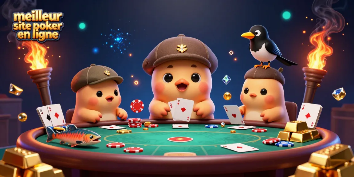 Découvrez le meilleur site de poker en ligne avec une illustration dynamique de jeux de cartes autour de Nessie, ses amis et des trésors cachés.