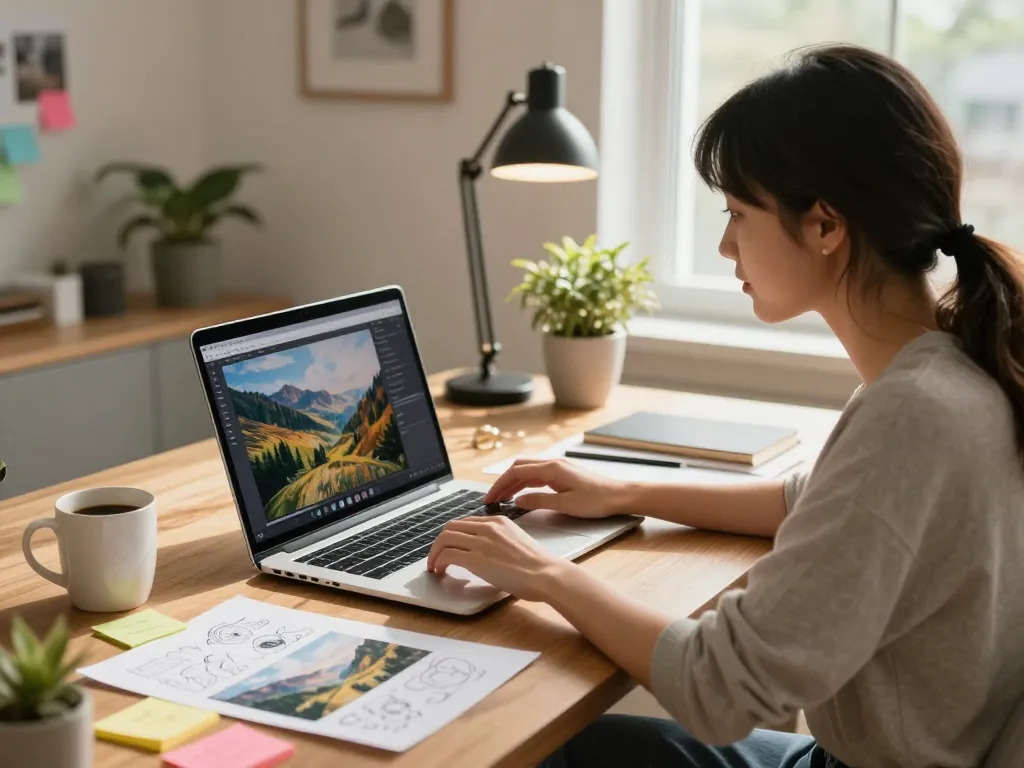 User engaged with image to prompt ai tool in a cozy home office, showcasing creative process with vibrant images and brainstorming notes.