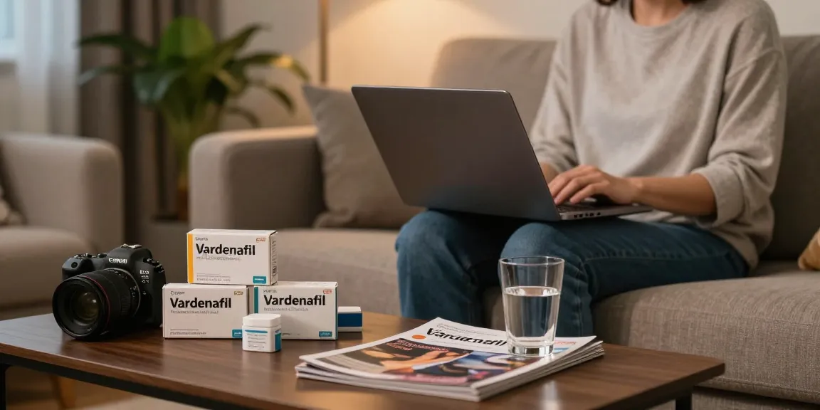 Browsing for Vardenafil online in a cozy home setting, highlighting discreet packaging and health-focused lifestyle.