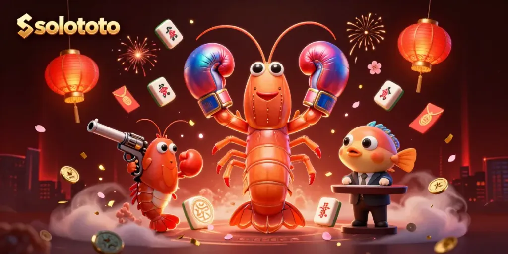 Gambaran menarik Solototo dengan udang mantis dan simbol keberuntungan yang berkilau.