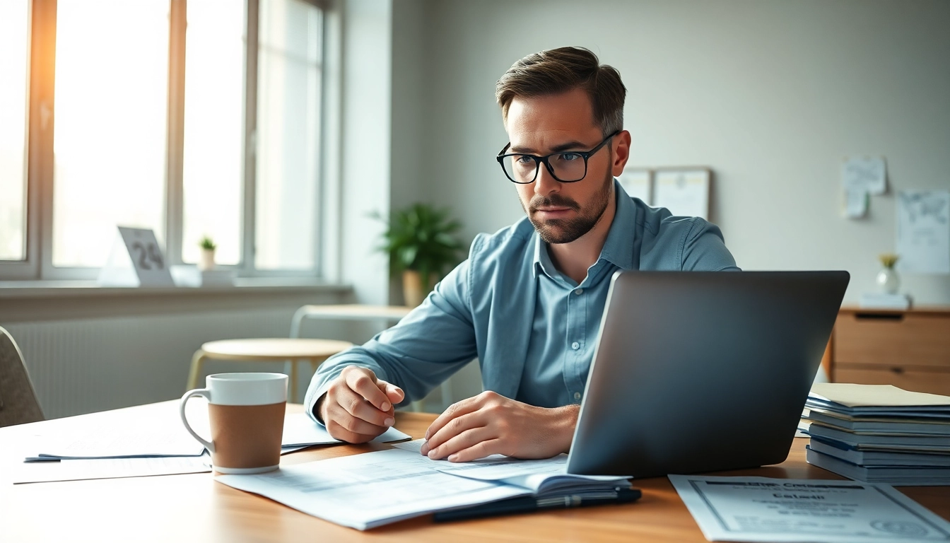 Engaging professional examining Registration and certification in Federal databases for federal contracts at a desk.