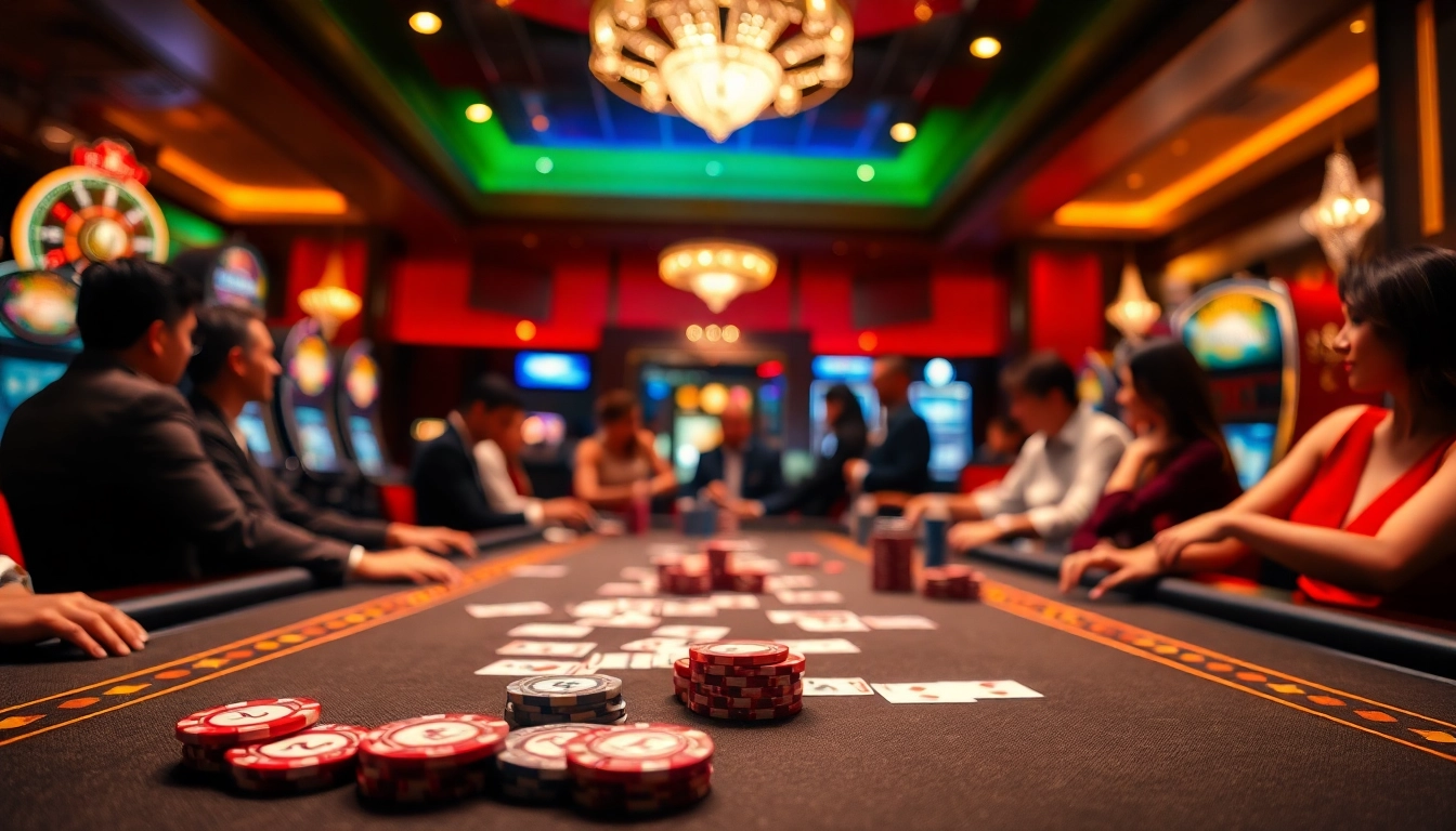 Permainan QQWIN4D yang mendebarkan di kasino dengan suasana elegan dan pemain aktif.