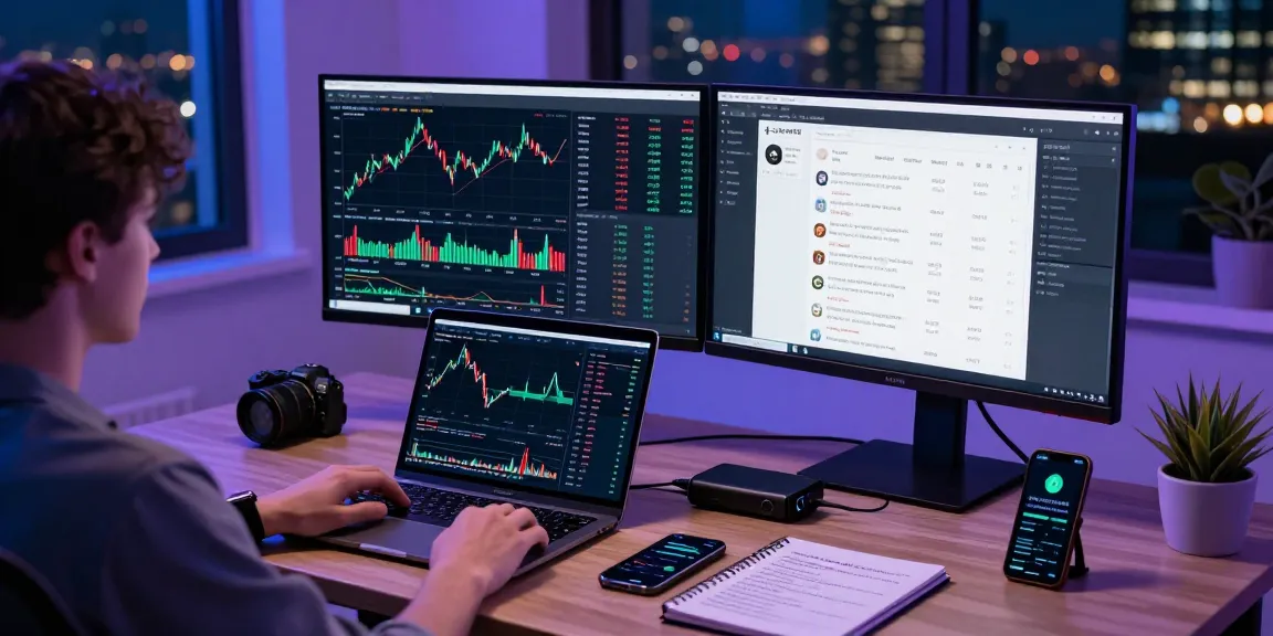 HCNWF stock price chart displayed on multiple monitors in a modern crypto trading setup.
