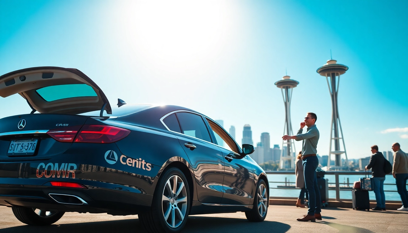 Book a vancouver to seattle car service with a friendly driver next to a stylish vehicle.