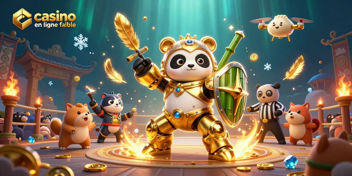 Plongez dans l'univers du casino en ligne fiable avec ce panda doré en robot de combat animé.
